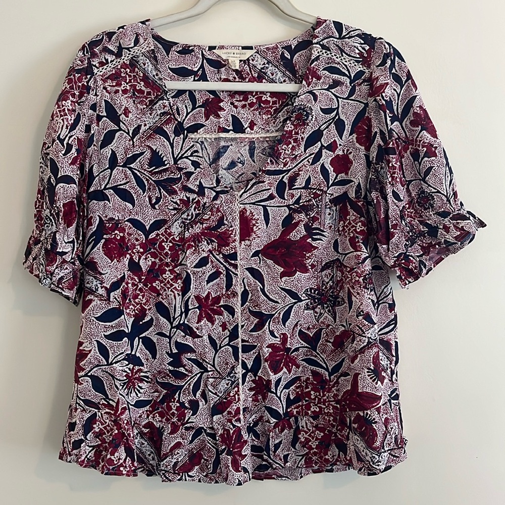 Lucky‎ Brand Puff Sleeve Floral Top Oversized Lace Bohemian Modal Summer Ruffle
